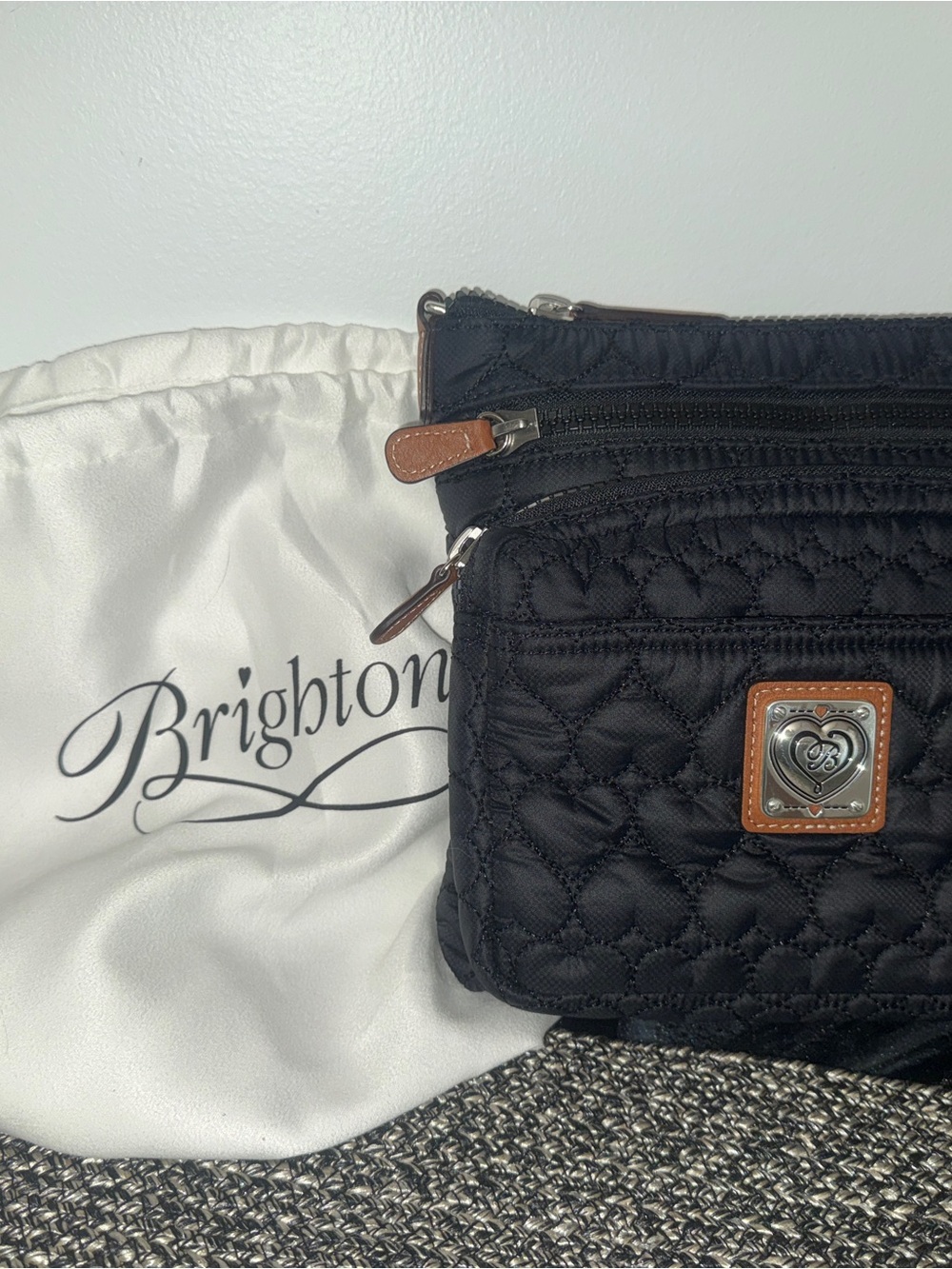Brighton Black Quilted Crossbody with Brown Trim and Heart Medallion